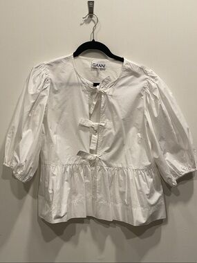 Ganni White Tie-Front Puff Sleeve Blouse